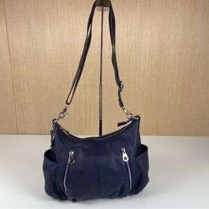 HeShe Navy Blue Pebbled Leather Crossbody Shoulder Bag